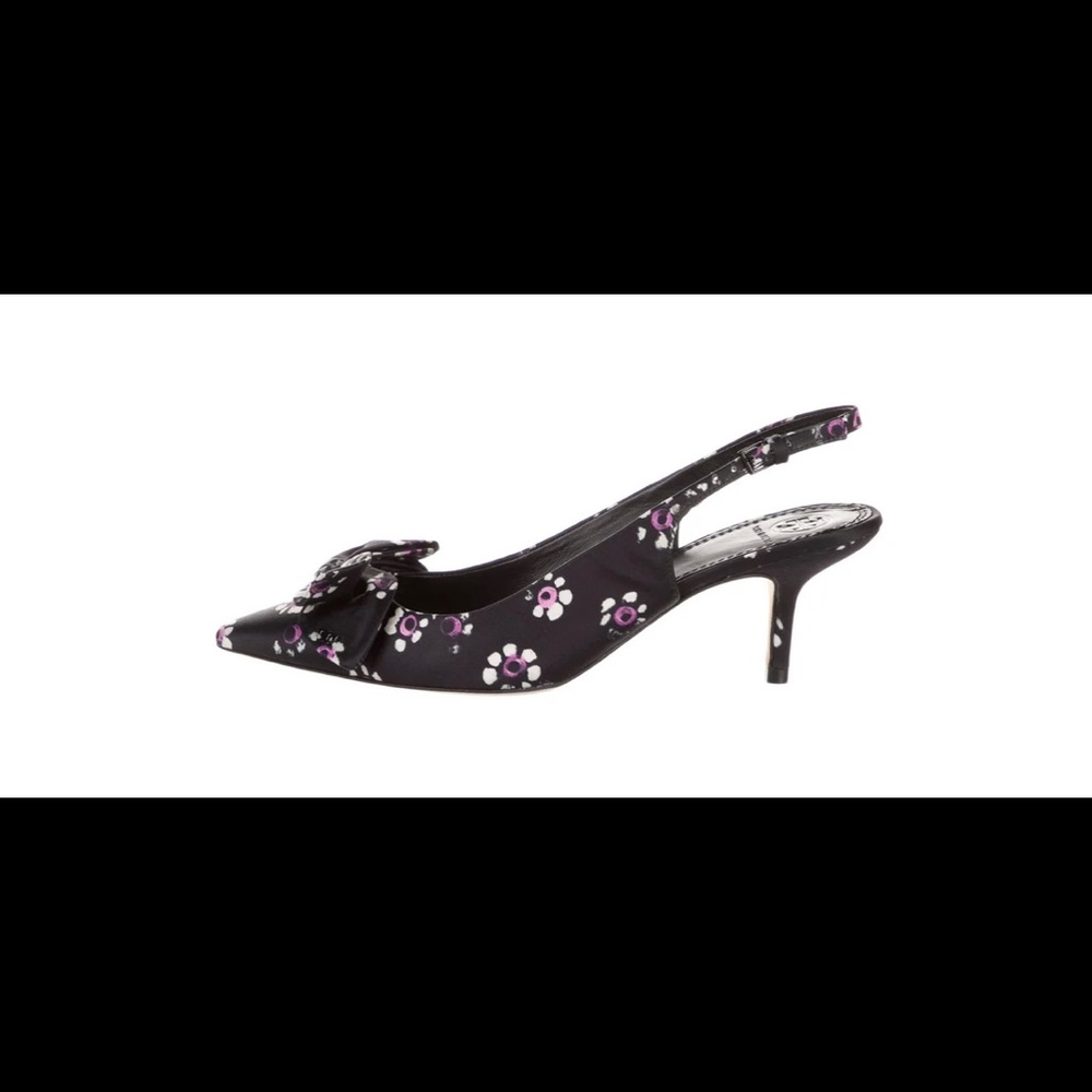 Tory Burch slingback pumps, black, floral print. - Picture 4 of 4